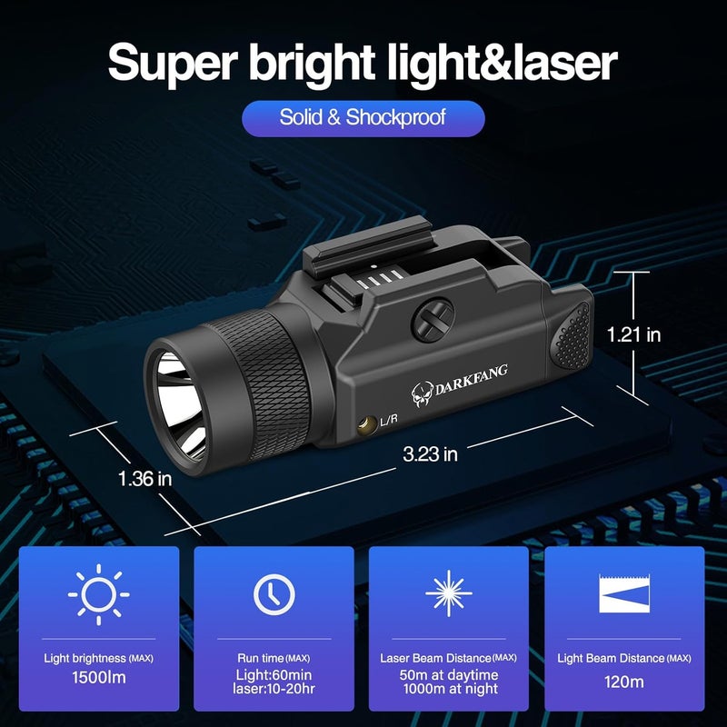 DARKFANG Tactical Flashlight and Red Laser Light Combo 1500 Lumen for Shotgun/Pistol Light with Momentary/Strobe Function for 1913 Picatinny Rail - Image 2